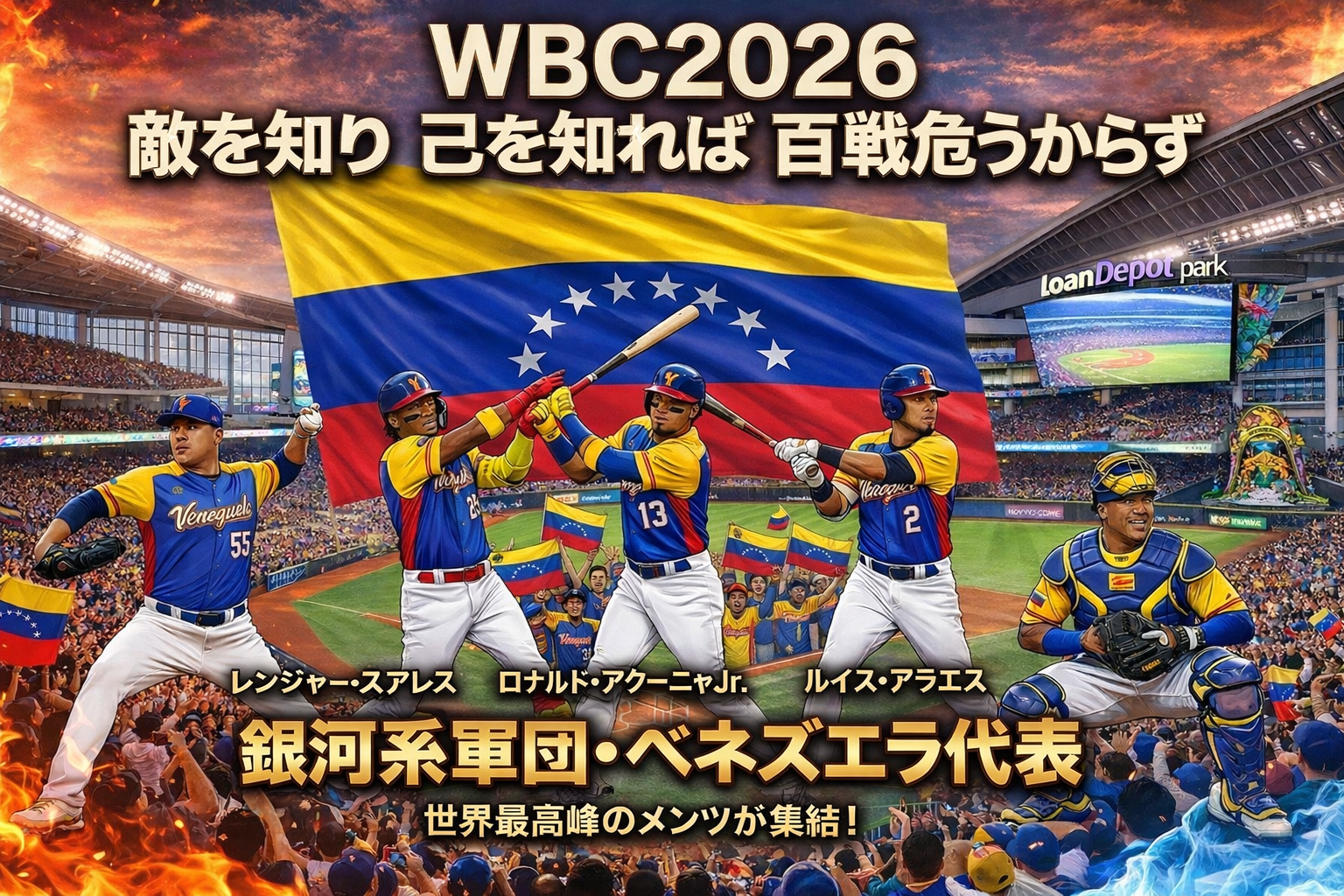 WBC 2026 準々決勝、日本対ベネズエラ戦のアイキャッチ画像。背景は決戦の地「ローンデポ・パーク」のスタジアム。上部には「敵を知り 己を知れば 百戦危うからず」の文字が掲げられています。中央にはベネズエラ代表の主力メンバー、左からレンジャー・スアレス（背番号55）、ロナルド・アクーニャJr.（背番号21）、ルイス・アラエス（背番号2）、右端には捕手のサルバドール・ペレスが描かれ、下部には「銀河系軍団・ベネズエラ代表」「世界最高峰のメンツが集結！」という文字が配置されています。