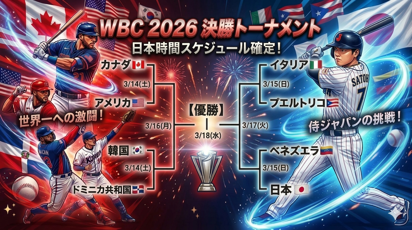 WBC 2026 決勝トーナメント」のトーナメント表を背景に、マウンドで構える侍ジャパンの背番号7の左打者と、各国の代表選手、国旗、トロフィーが描かれた熱気あふれるイラスト
