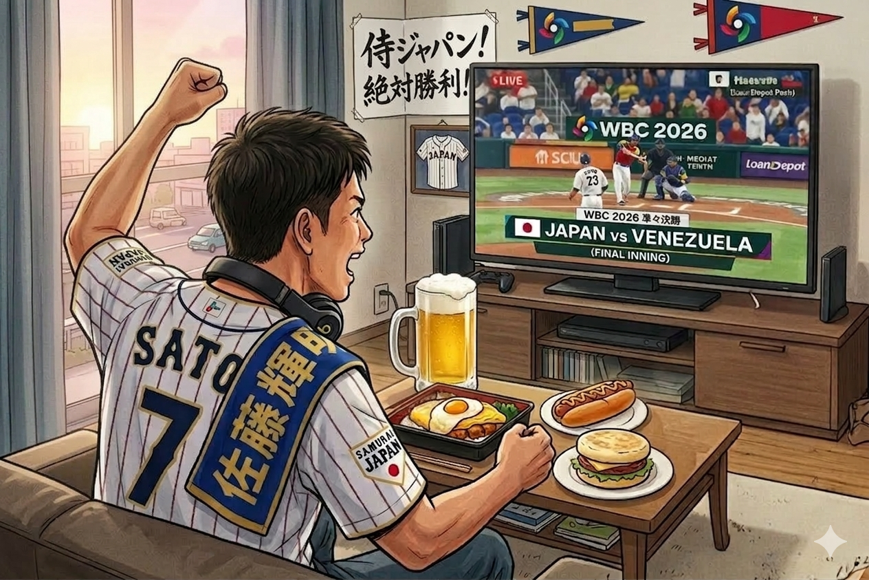 WBC 2026 ベネズエラ戦に向け、自宅で万全の準備を整えた侍ジャパンファンの様子。朝日が差し込む部屋で、佐藤輝明選手のユニフォームとタオルを身にまとい、大谷翔平選手愛用のBeatsヘッドフォンを装着して、勝利のガッツポーズ。テーブルには勝負メシのカツ玉丼、ホットドッグ、ビールジョッキが並び、日曜朝の決戦を「完全没入」で楽しむための最強スタイルを表現しています。
