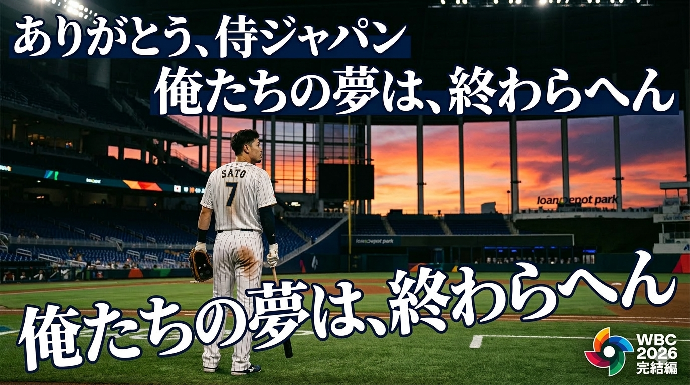 WBC2026準々決勝ベネズエラ戦後の静かな球場と、侍ジャパン佐藤輝明選手（背番号7）への感謝をイメージしたアイキャッチ画像