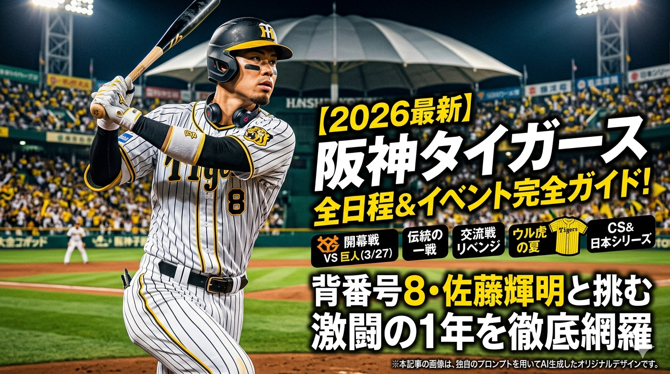 佐藤輝明選手（サトテル）のフルスイングと、2026年阪神タイガース全日程＆イベント完全ガイドのアイキャッチ画像