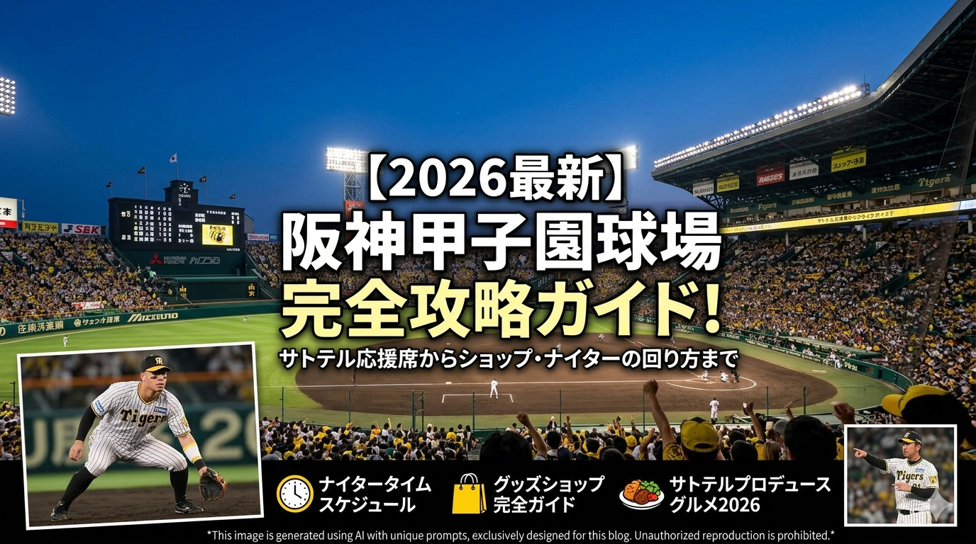 2026年阪神甲子園球場の現地観戦ガイド用アイキャッチ画像。ナイターのタイムスケジュール、グッズショップ案内、佐藤輝明選手のプロデュースグルメ情報を網羅したデザイン。