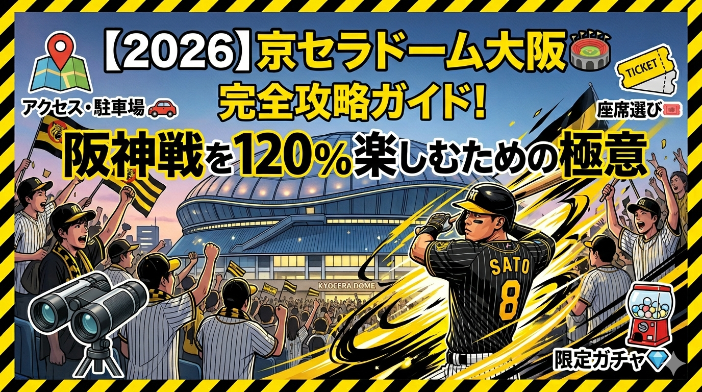 2026年京セラドーム大阪での阪神タイガース戦攻略ガイドのアイキャッチ画像。背番号8番の佐藤輝明選手がスイングするイラストを中心に、ドームの外観、観戦用の双眼鏡、限定ガチャガチャ、アクセス・駐車場のアイコンが描かれた、黄色と黒のタイガースカラーのデザイン。